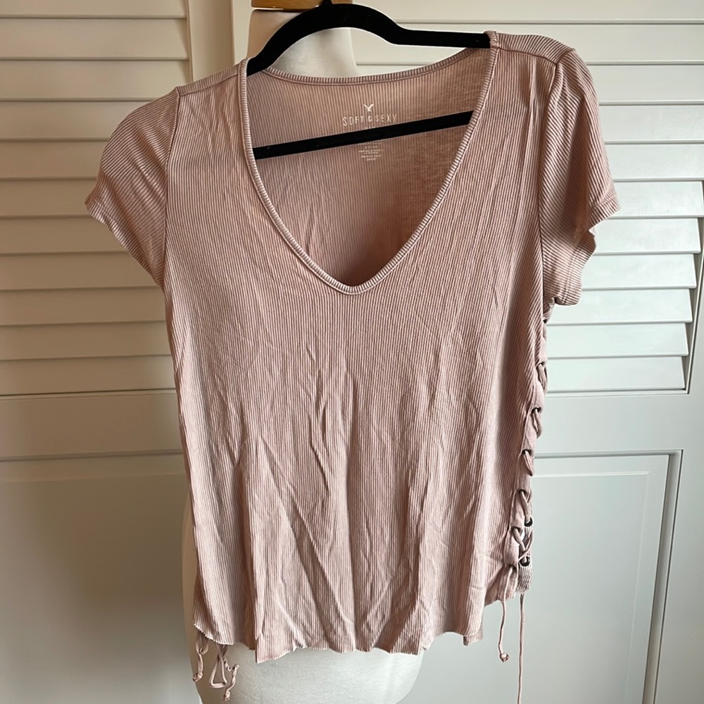 American Eagle Pink Tee, Short Sleeve, Tie Details on Sides